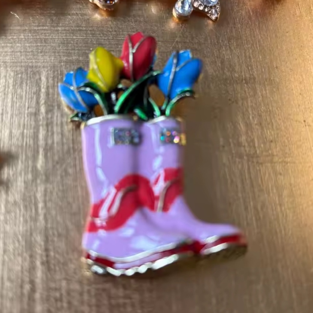 Rain Boots Flower Bouquet Brooch – Spring Garden Jewelry - Picture 8 of 9